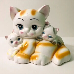 Vintage Cat Coin Bank Kittens Ceramic  Figurine 8 Inch Long Kitsch